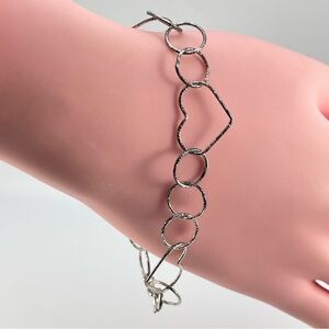 Cute Sterling Silver Heart & Circle Link Bracelet – Textured Modern Design